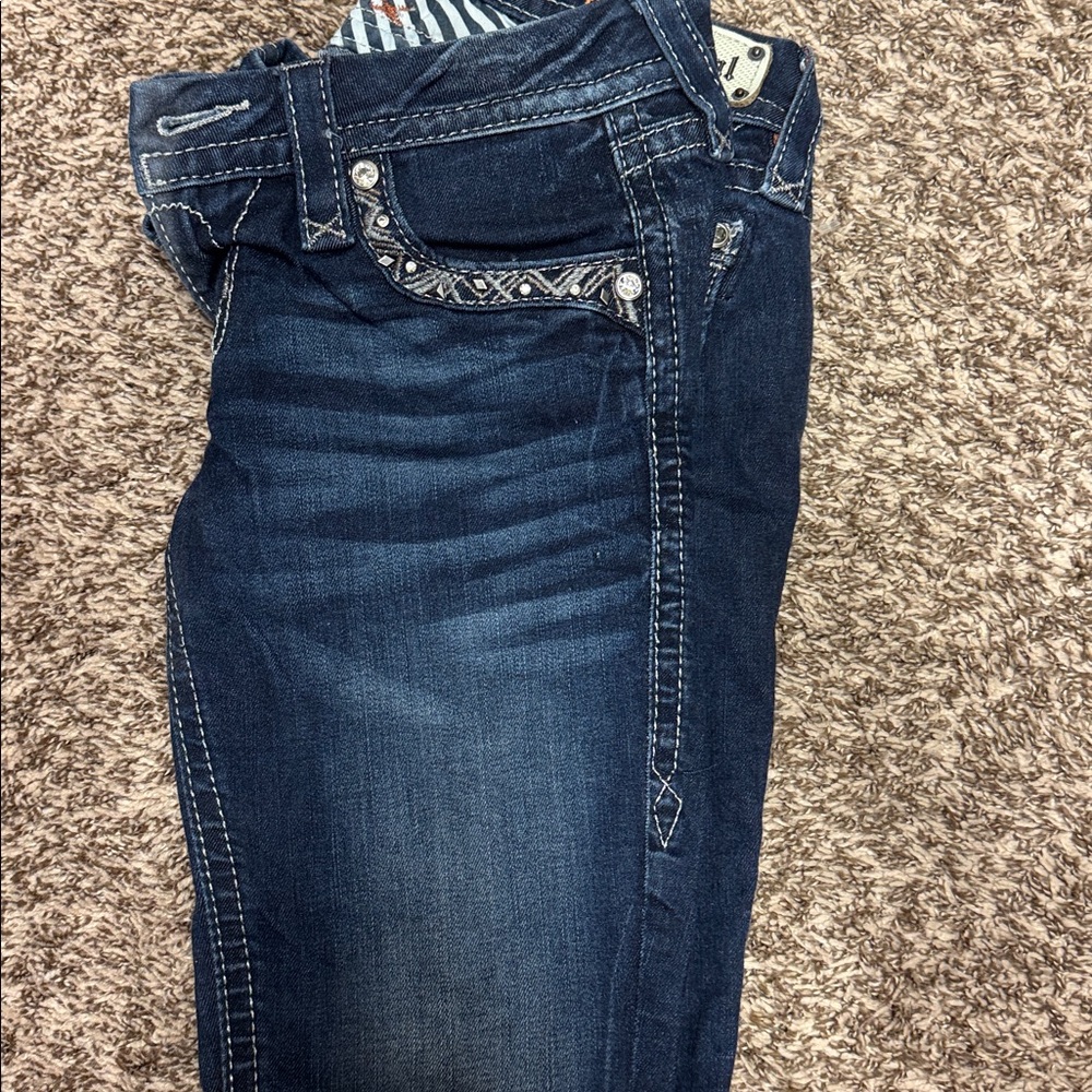 Rock Revival Dark Blue Denim Boot Cut Jeans with Decorative Pocket Stitching